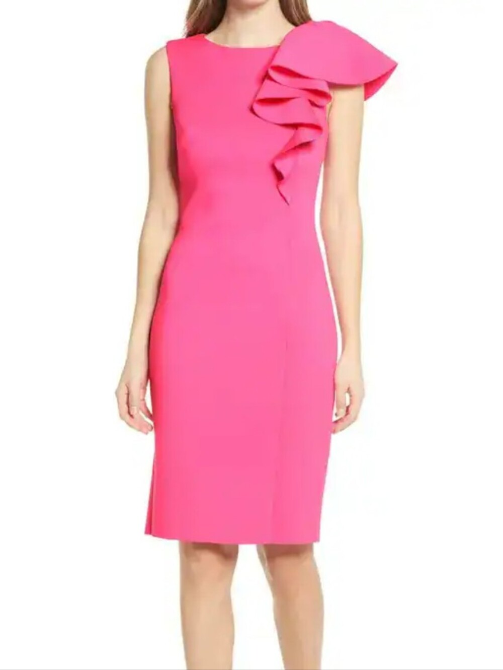 Eliza J Hot Pink Ruffle Scuba Sheath Dress Size 2 Barbie Mini Midi